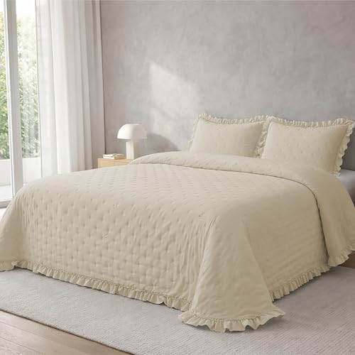 Victorio & Lucchino – Colcha Lavada Termosellada con Volante – Incluye Fundas de Cojín – Colcha Decorativa Moderna (Amara - Lino, Cama 150 cm)