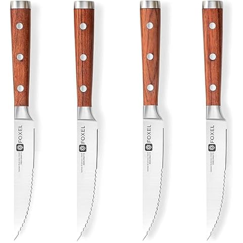 FOXEL Best Serrated Steak Knives Knife Set of 4, 8, or 12 Piece w/Covers - German High Carbon Stainless Steel Blade - Sandal Wood Full Tang Handle - Heavy Duty Restaurant Quality - Hand Wash Cover