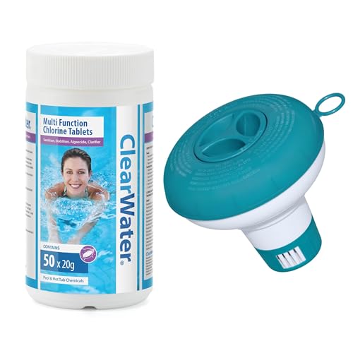Clearwater 1 kg Multifunction Chlorine Tablets with Chemical Floater 4-in-1 Dispenser Tablets (Sanitiser Stabiliser Algaecide and Clarifier) for Pools and Hot Tubs 50 x 20 g White