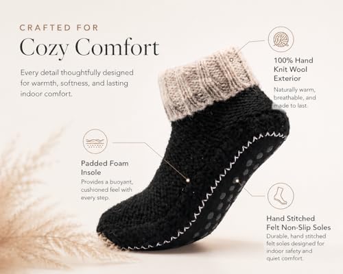 Image of Tibetan Socks Wool Hand Knit Fleece Lined Mid Bootie Slipper Sock Non Slip Sole