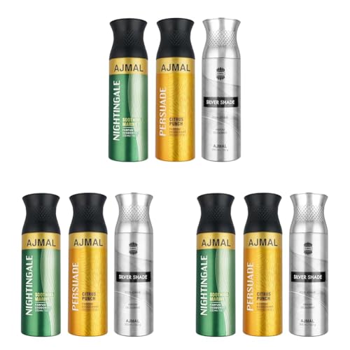 Image of Ajmal Nightingale and Persuade for Men & Women and Silver Shade for Men Deodorants each 200ML Combo pack of 9 (Total 600ML)