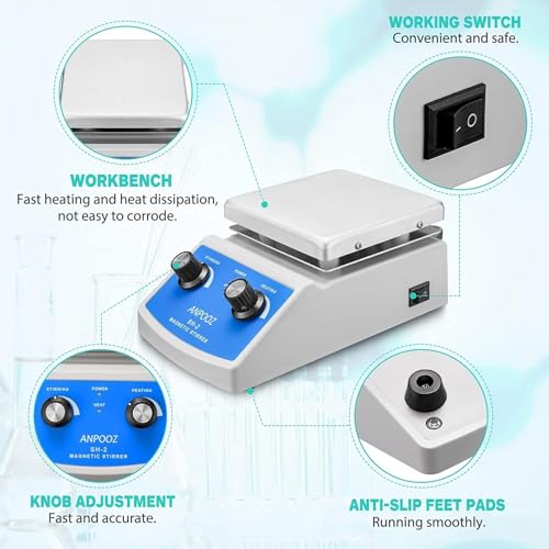 Magnetic Stirrer Hot Plate w/Stir Bar, Max.520℉ Magnetic Hotplate Stirrer w/Thermometer, Max.2L Capacity Hot Plate Stirrer w/Support Stand, 100~2000RPM Magnetic Stir Plate