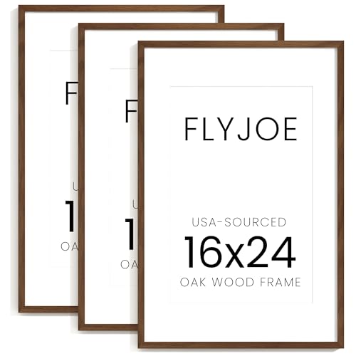 Image of FLYJOE 16x24 Oak Wood Picture Frame with Mat for 12x18, 16 by 24 USA-Sourced Natural Solid Wooden Poster Frame for Wall Display, Tempered Real Glass, Hanging Hardware Included, 3 Pack, Walnut Color