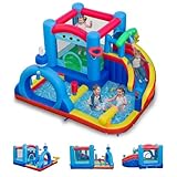 GOPLUS Chateau Gonflable Train, Structure Gonflable Jeux Exterieur Enfant avec Toboggan, Arc, Canon à Eau, Panier de Basket et Piscine à Balles, Adapté aux Enfants 3-12 Ans, Charge 90KG (Train)