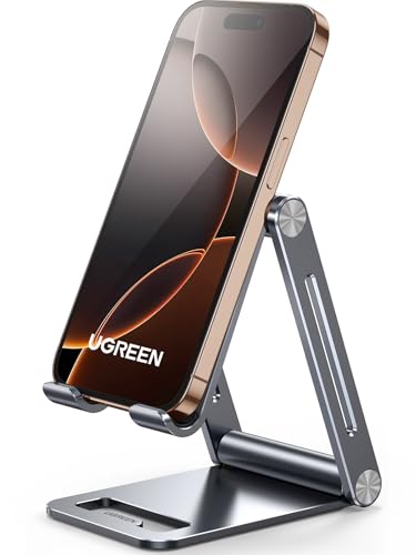 UGREEN Cell Phone Stand Adjustable, Aluminum Holder for Desk, Foldable, Compatible with iPhone 17 Pro Max, Galaxy S24 Ultra, and More Devices up to 7.9'', Grey