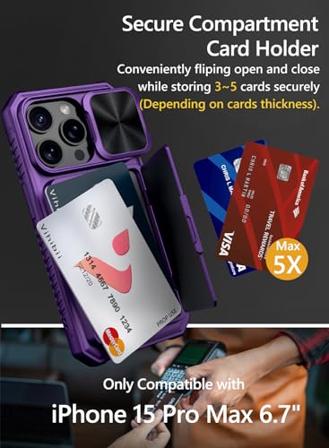 Image of Vihibii for iPhone 15 Pro Case with Card Holder (4 Cards) & Slide Camera Cover & Kickstand, Shockproof Rugged Hard Back & TPU Soft Edge Wallet Back Cover for iPhone 15 Pro 5G 6.1 inch 2023, Dark Purple