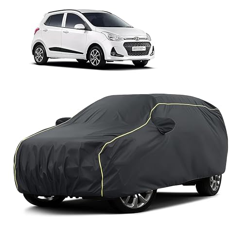 Image of Sulfar 100% Water Resistant Car Body Cover Compatible with Mirror for Hyundai Grand i10 (Triple Stitched, Full Bottom Elastic, Dark Grey Taffeta with Yellow Piping)