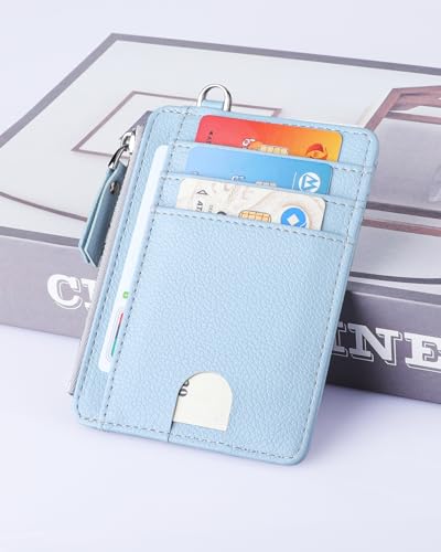 Image of Teskyer Slim RFID Wallet for Women, Small Card Holder with Zip Pocket, Cyan, 3.5 inch x 4.7 inch, Minimalist | Zip Pocket for Cash Coin, 1 ID Window & 7 Card Slots, Ultra Slim Design, D-Ring for Neck Lanyard, for Daily Carry and Travel