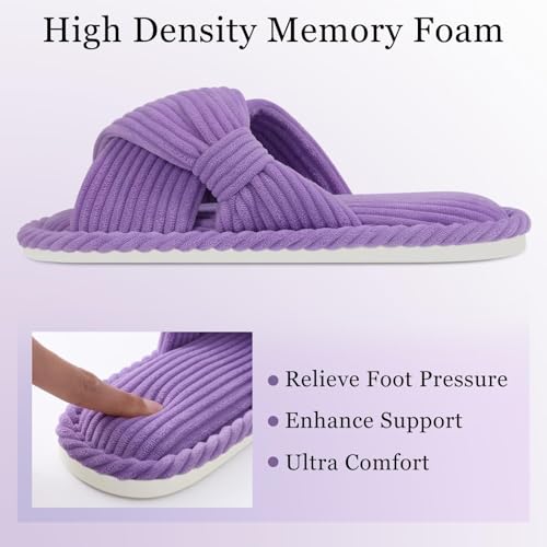 Image of Evshine Summer House Slippers for Women Corduroy Cross Bow Indoor Slippers Open Toe Slip On Bedroom Shoes with Memory Foam