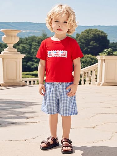 Image of Toddler Boy 4th of July Outfit Embroidered American Flag /Truck Shirt+Striped Shorts Independence Day 1-5T