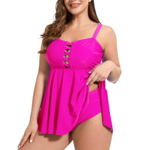 Women's Plus Size Tankini Swimsuit Two Piece Tummy Control Bathing Suits Flowy Swim Dress with Shorts