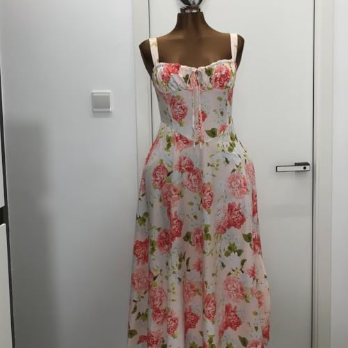 Image of Floral Corset Midi Dress Square Neck A Line Dress with Slit | Square neck floral midi dress with front tie bust wide straps A-line skirt side slit and lightweight fabric