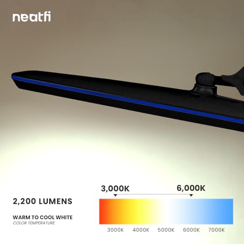 Neatfi XL 2,200 Lumens LED Task Lamp, 24W, 117 SMD LEDs, 23-Inch Ultra-Wide, 4 Brightness Levels, 3 Light Modes, Dimmable, Eye-Caring, Glare-Free (CCT with Clamp, Black)