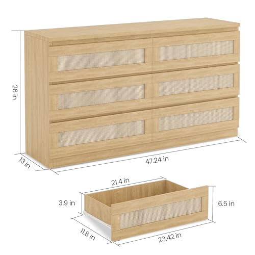 Natural Oak Rattan Dresser with 6 Drawers for Bedroom and Living Room