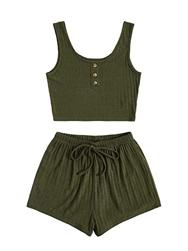 Image of SOLY HUX Women's Button Front Ribbed Knit Tank Top and Shorts Pajama Set Sleepwear Lounge Sets