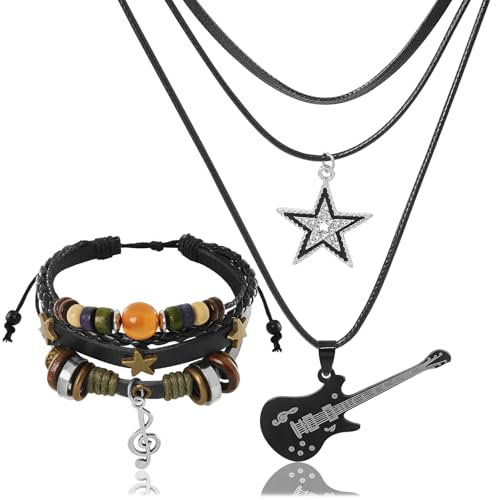 Multilayer Y2k Star Necklace Fairy Grunge Bracelets Set Handmade Fairycore Grunge Jewelry Gothic Swirl Star Necklace Punk Rock Roll Music Guitar Grunge Accessories for Women Men1