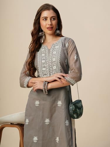 Image of RATAN Muga Cotton Straight Lucknowi Chikankari Ethnic Wear Kurta for Women