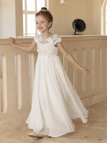 Chiffon Lace Flower Girl Dresses for Wedding White A-Line Cap Sleeve Long Junior Bridesmaid Brithday Party Gown3
