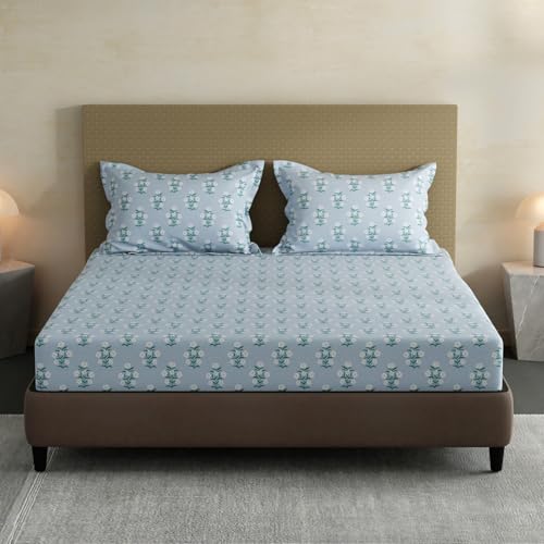 Image of Layers 100% Cotton Fitted Sheet for King Size Bed | Lumina Floret Collection | 144 TC Soft & Breathable | Floral Print with 2 Pillow Covers | Wrinkle Free & Colorfast | 3 Pc Bedding Set - Blue