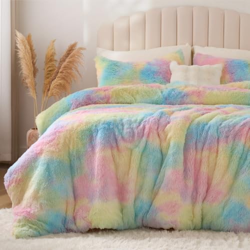 Image of BEDELITE Multi Pink Fluffy Comforter Set King, Fuzzy Faux Fur Comforter | Warm Fleece Shaggy Bedding for Winter, Soft & Cozy Plush Bed Set with 2 Pillowcases
