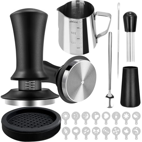 53mm Coffee Espresso Tamper Set, 22PCS Espresso Machine Accessories with Espresso Tamper, WDT Tool, Coffee Stirrer, Frothing Pitcher, Latte Art Pen, Tamper Mat, Coffee Stencils for Espresso Machine