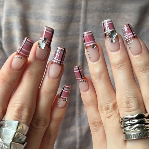 octoswave Long Square Press on Nails Burgundy Plaid Fake Nails with Star Rhinestones Glossy Stick on Nails for Women Girls Party Prom Night Out 24Pcs