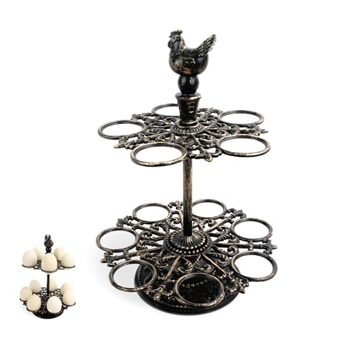Linton Arts Cast Aluminum Fresh Egg Holder Countertop, Egg Holder Rack Tray for 12 Fresh Eggs, 2-Tier Egg Tray & Dispenser with Rooster Top Design, Egg Skelter for Kitchen (7.67