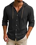 Moletons masculinos de linho manga longa casual praia tops com capuz, Preto, G