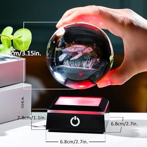 Image of 3D Crystal Ball Sea Turtle Gifts for Women Men Snow Globe Ornament with LED Base Night Light, Laser Engraved Sea Turtle Decor Figurines Gifts for Turtle Lovers