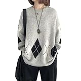[RoyzTocz] セーター レディース トップス カットソー 長袖 着痩せ ゆったり 丸首 アーガイル 柄 ファッション カジュアル 可愛い 伸縮性 体型カバー 通勤 着心地 韓国 着回し 柔らかい お出かけ 春 秋 冬