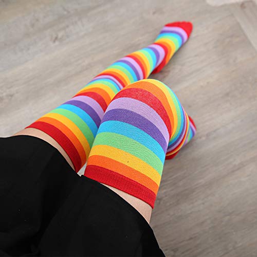 Image of SherryDC Womens Girls Cosplay Rainbow Striped Knee High Socks Leg Arm Warmer Fingerless Gloves Set