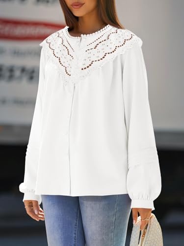 Tankaneo Womens Lace Button Down Shirts Puff Long Sleeve Babydoll Blouses Dressy Casual Crew Neck Pleated Loose Fit Tops3