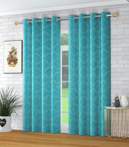 Image of Yarnis Damas Printed Room Darkening Polyester Curtains 8 Feet Long Set of 2 for Door & Windows Living Room, Aqua Blue, Parda