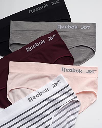 Reebok Womens Underwear, Seamless Hipster Briefs Underpants, 5 In 1 Pack, White Stripe/Pink/Black, Large #TOP2