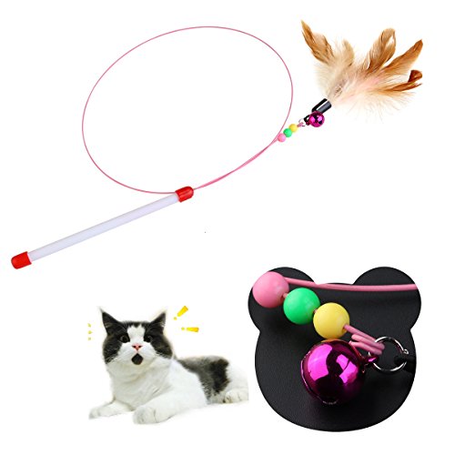TINKSKY Kitten Cat Pet Toy Wire Chaser Wand Teaser Plumage with Bell Beads Play Fun Gifts for Your Lovely cat (Random Colour)