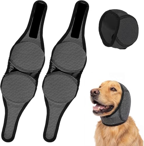 RoseYouth 2PCS No Flap Ear Wraps for Dogs Dog Ear Muffs Noise Protection Adjustable Calming Dog Ear Protection Soft Breathable for Grooming Thunder Fireworks & Travel (grey L)