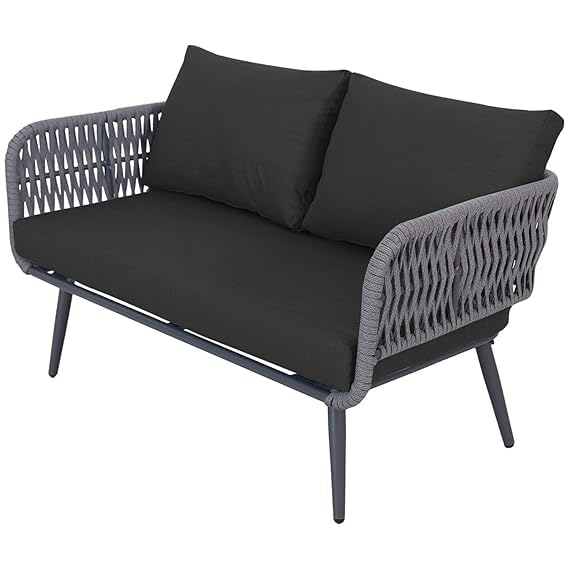 Image of LOCCUS 4-Piece Outdoor Rope Patio Furniture Set - All-Weather Waterproof Conversation Set with Cushions, Modern Woven Bistro Set for Balcony, Lawn, Garden, or Terrace (Black & Grey)