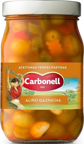 Carbonell - Aceitunas Verdes Partidas con Hueso, Estilo Gazpacha, Variedad Manzanilla, con Vegetales, Aliño de Ajo y Vinagre, con Guindilla y Pimentón Rojo, para un Toque Picante - 450 g