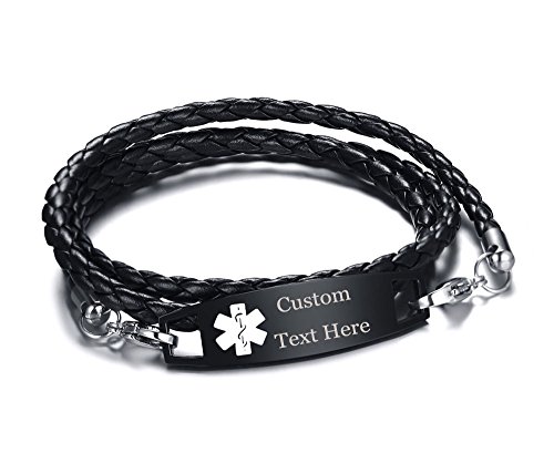 XUANPAI Custom Engraved Multilayer Braided Leather Bangle Medical Alert ID Bracelet for Womens Mens