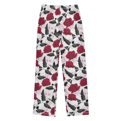 Bird Rose Flowers Boys Long Pants Soft Trousers Elastic Waist Kids Lounge Bottoms with Pockets S-XL