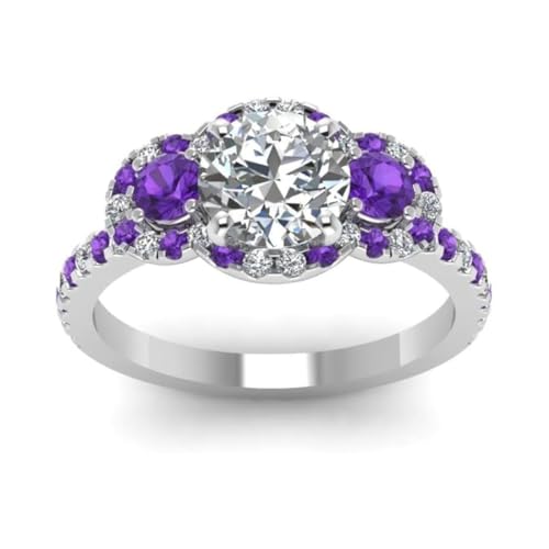 Image of 55Carat Choose Your Gemstone Delicate 3 Stone Halo Diamond CZ Ring Sterling Silver Round Shape Halo Engagement Rings Everyday Jewelry Wedding Jewelry Handmade Gifts for Wife US Size 4 to 12