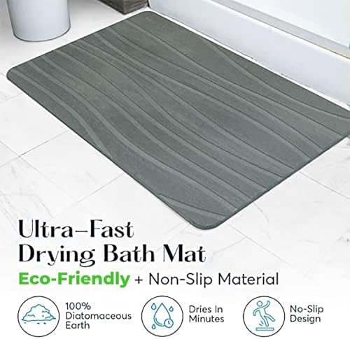 Image of SUTERA Rubber- Stone Bath Mat, Diatomaceous Earth Shower Rectangular Shape Mat, Non-Slip Super Absorbent Quick Drying Bathroom Floor Mat, Natural, Easy to Clean (Dark Grey Straight.)