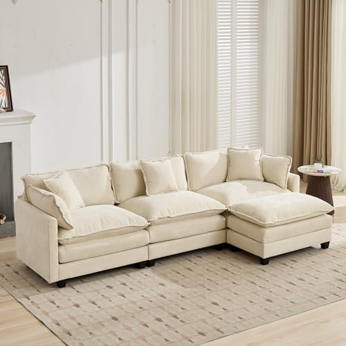 MZDOO 111.5" L Shaped Couch, Modular Sectional Sofa, Comfy Chenille Cloud Couch with Movable Ottoman and Pillow, Modern 3-Seater Deep Seat Sofa for Living Room (Cream,L Shaped Sofa)