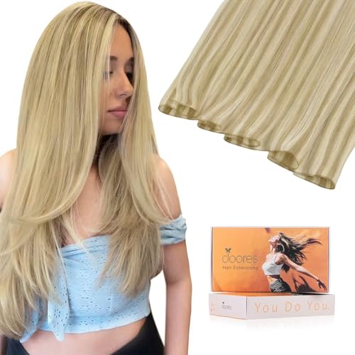 Image of DOORES Sew in Real Hair Extensions, 16 Inch Light Blonde Highlighted Golden Blonde 50g, Genius Sew in Weft Extensions Real Human Hair