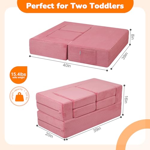 Canapé pour enfant pliable rose et modulable en velours côtelé