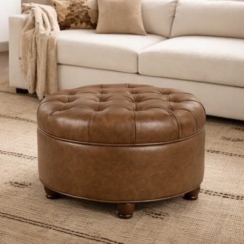 Image of HomePop 25 inch Button Tufted Round Storage Ottoman - Brown Faux Leather