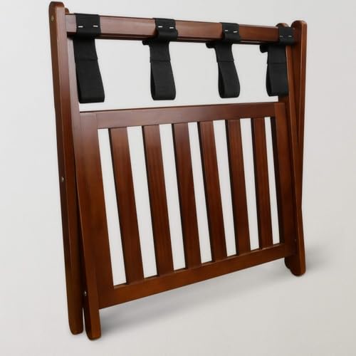Image of Priti Solid Wood Foldable Luggage Rack with Shelf for Bedroom & Hotel | Heavy Duty Nylon Straps | Space Saving Suitcase Stand | Shoe Storage Bottom Rack | Premium Dark Walnut Finish