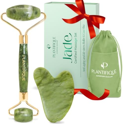 PLANTIFIQUE Jade Roller & Gua Sha Set – Real Jade Facial Tools fo...