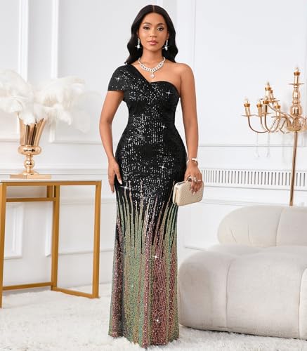 Image of Cololura Women Sexy Sequin One Shoulder Mermaid Formal Party Cocktail Gowns Bodycon Evening Maxi Dress
