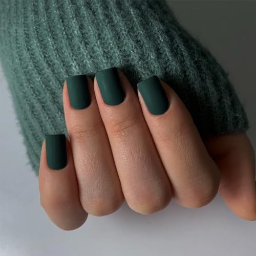 Matte Emerald Green Press on Nails Short Square Fake Nails Short...